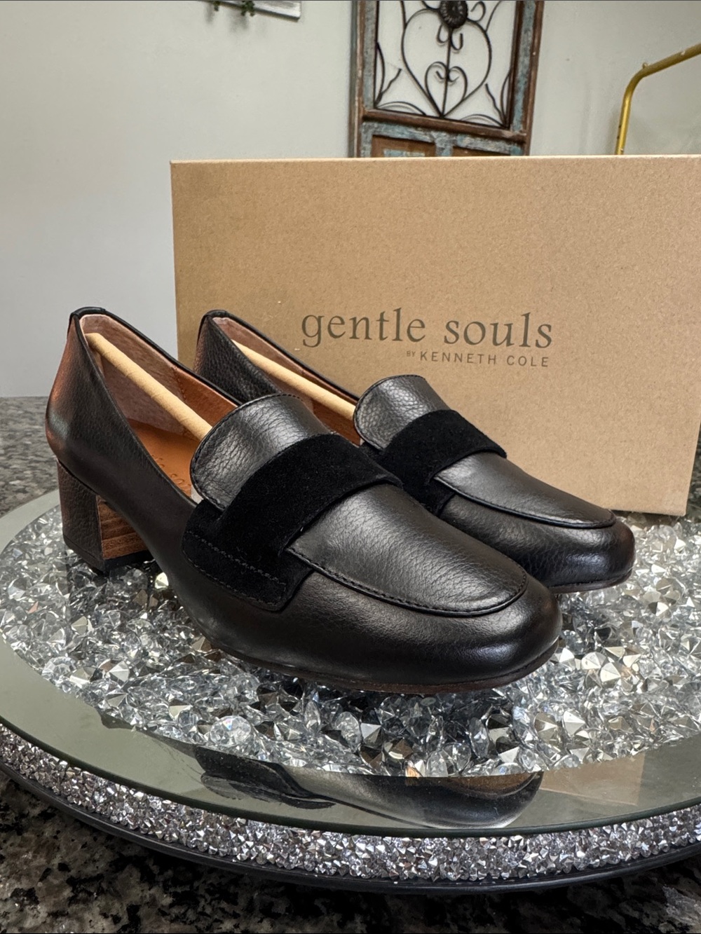 gentle souls Black Leather Loafers with Suede Strap heels NEW 6